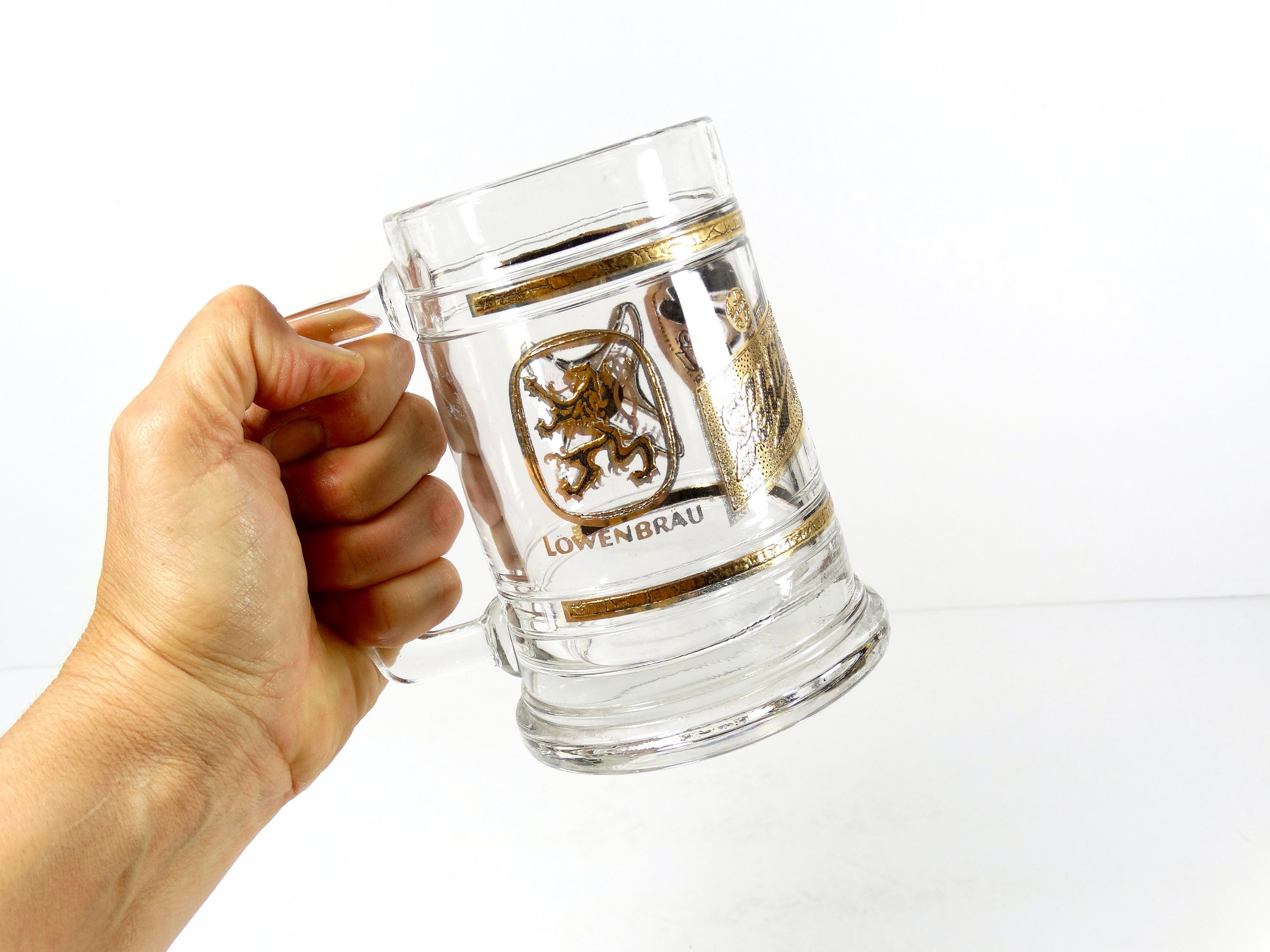 Vintage Set of 4 Lowenbrau 16 oz. Beer Mugs / Glasses - Thick Glass - Stein