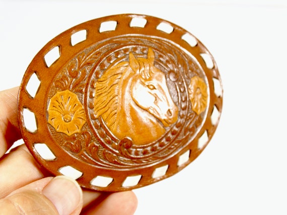 1970s Horse Buckle Leather Belt Buckle Tooled Lea… - image 1