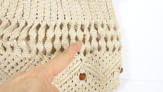 Macrame and Wood Purse Handbag, Vintage Cotton Be… - image 7