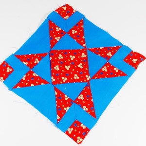 Vintage Quilt Block - Red Calico and Blue White and Blue Polka Dot 4-Pointed Star - Hand-Stitched Hand Sewn Cottagecore Rustic Pillow Supply