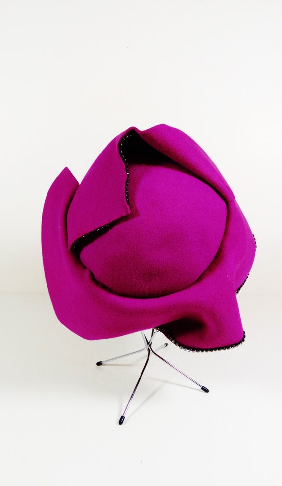 Vintage Pink Felt Hat, 1950s Vintage Wool Magenta… - image 4