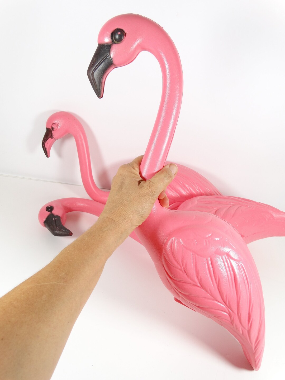 Vintage Pink Plastic Flamingos Set of 3 Plastic Flamingos Classic Yard Art Kitsch Tropical Decor