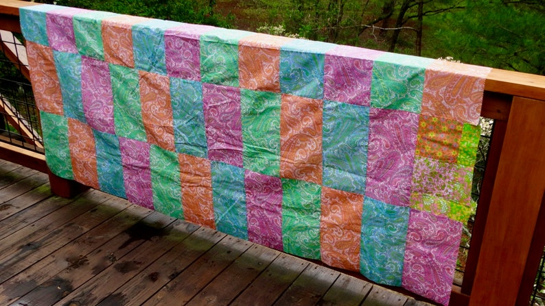 60s Full Queen Size Patchwork Paisley Quilt Top Mod Boho Maximalist