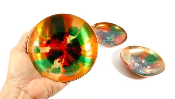 Midcentury Enamel on Copper Bowl Set of 3 Copper … - image 1