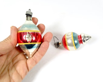 Midcentury Glass Christmas Ornaments - Set of 2 Silver Glass Ornaments Striped 1950s Xmas