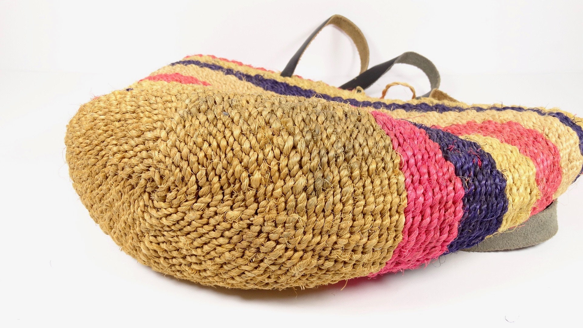 80s Woven Sisal Market Bag - Yoga Tote - Purple Pink Leather