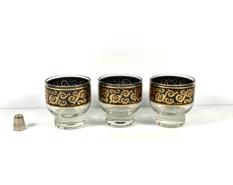 Midcentury Culver Toledo Cordial Glasses - Set of 3 CulverToledo Cordial Glasses Midcentury Barware Modern Barware Culver - Black and Gold