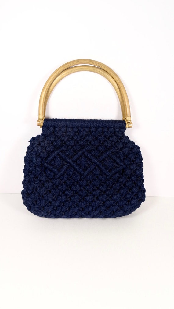 70s Boho Vintage Navy Blue Macrame Handbag Music … - image 2