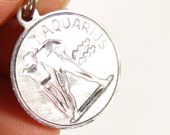 Vintage Sterling Silver Charm Aquarius Charm Zodiac Charm Medal Charm Vintage Charm Bracelet Charms Vintage Charms Sterling Charms