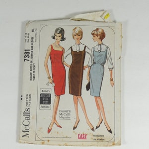 May include: A vintage McCall's sewing pattern for a dress or jumper and blouse. The pattern is for sizes 10-12 and has a bust measurement of 31-32 inches. The pattern is labeled "Easy to Sew" and is recommended for beginners.