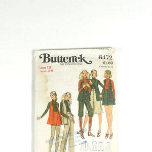 Vintage Pattern Butterick 6472 - Vintage 1960s - 1970s Pattern - Junior Vest Skirt Pants Knickers Shorts and Sweater - Size 13