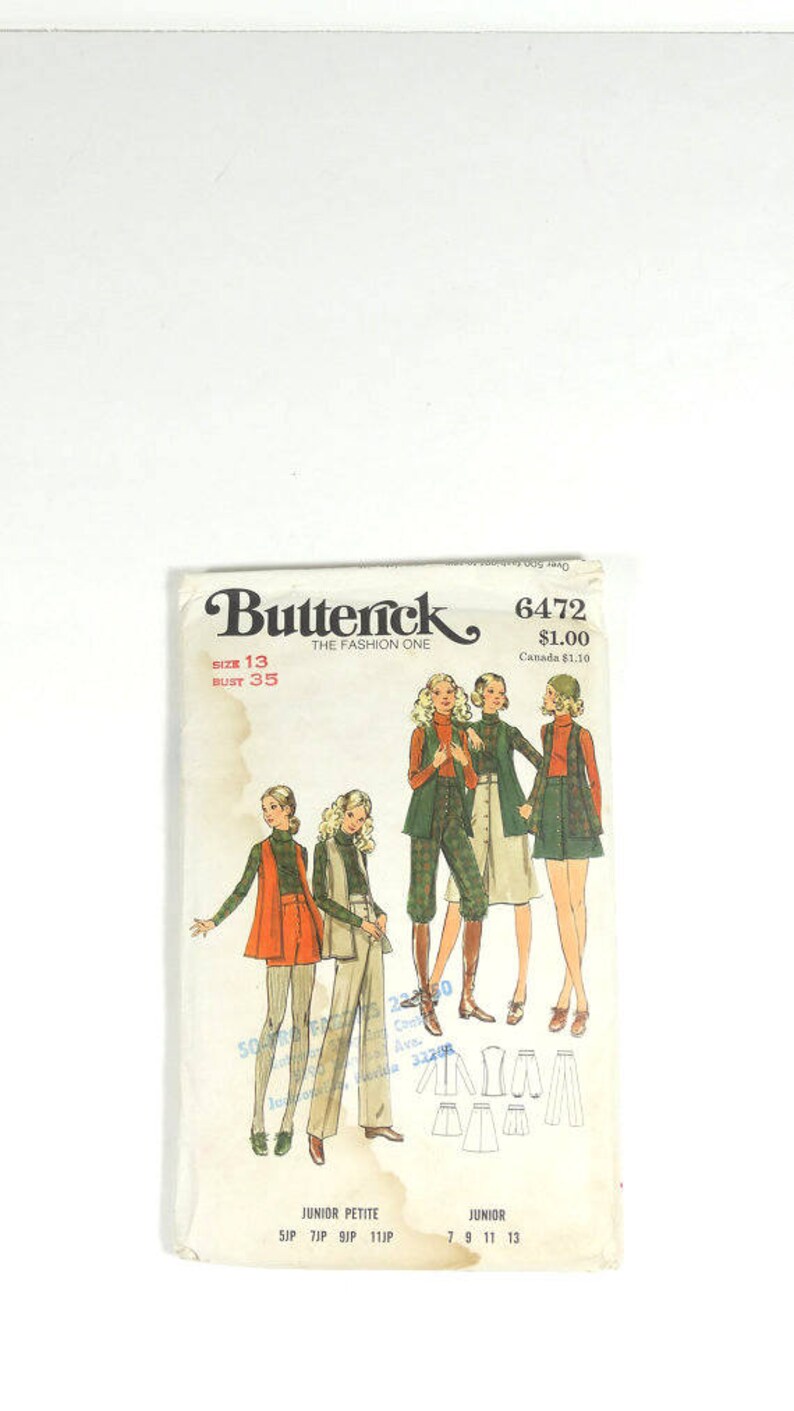 Vintage Pattern Butterick 6472 Vintage 1960s 1970s Pattern Junior Vest