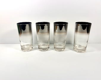 Set of 4 Silver Ombre Glasses, Vintage Midcentury Queens Lusterware Style Highball Cocktail Glasses Juice Barware Midcentury Bar