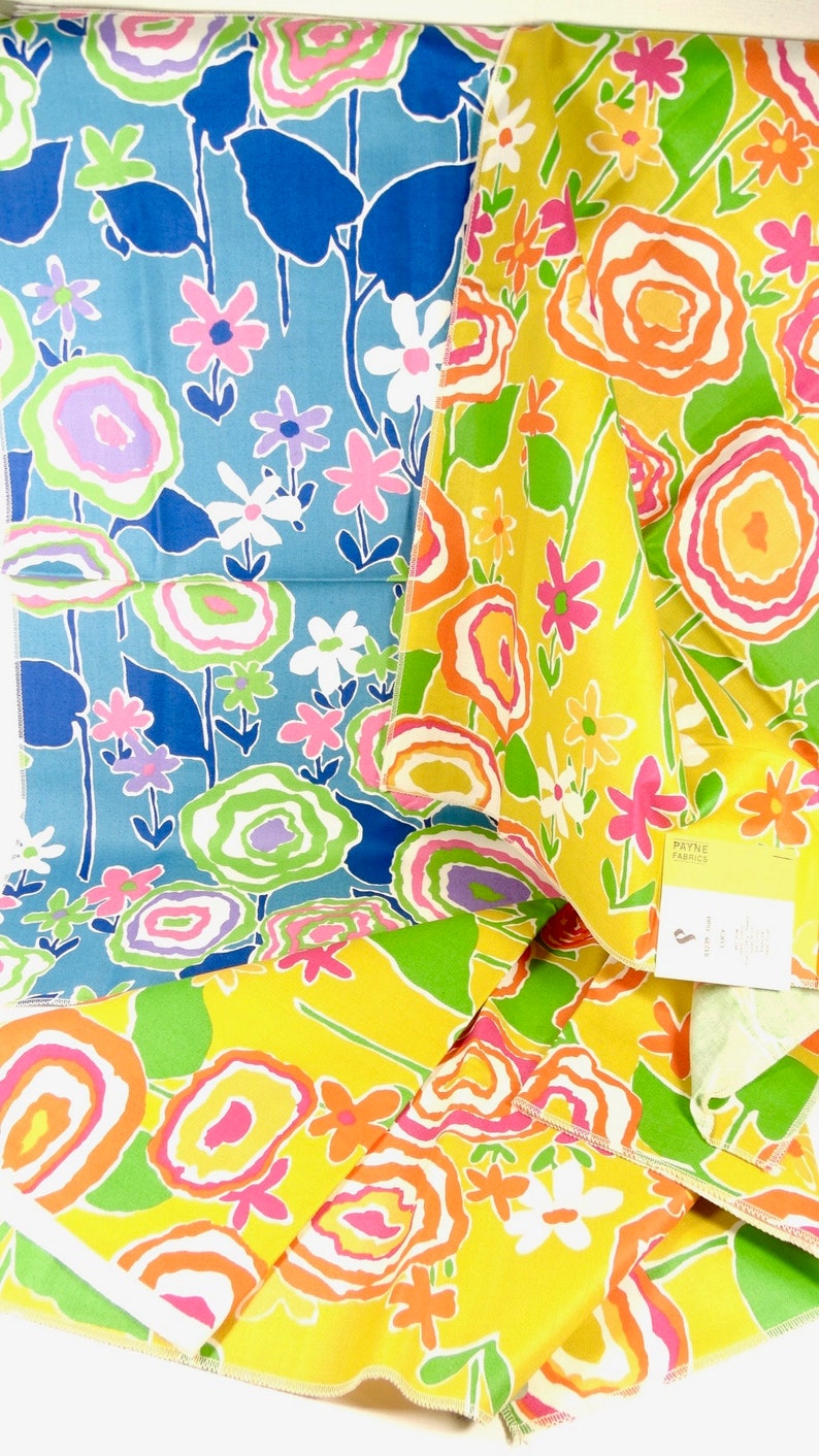 Flower Power Blue Gold Floral Fabric Samples Set Of 3 Vintage Midcentury 1960s Fabric Yardage Scraps - 