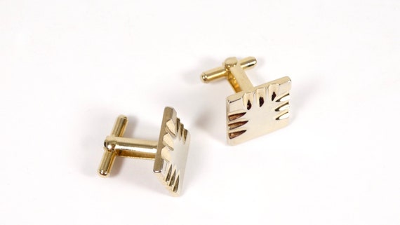 Vintage Cuff Links Gold Patterned Square Retro 60… - image 2