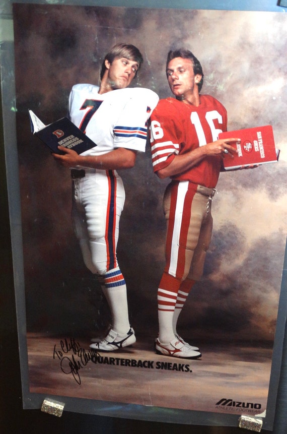 Vintage 1989 Autographed John Elway Joe Montana Poster Quarterback