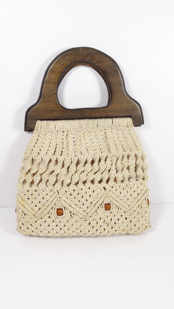 Macrame and Wood Purse Handbag, Vintage Cotton Be… - image 3