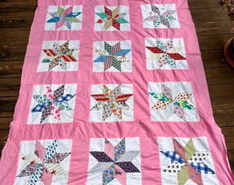 Pretty 1950s-1960s Cotton 8 Point Star Quilt Top - Twin Quilt Top Midcentury Quilt Top Pink Edge Quilt Top