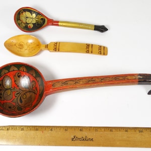 Vintage Khokhloma Painted Wood Ladles - Hand-Painted Wooden Spoons - Set of 3 Cottagecore Farmhouse European Kitchen