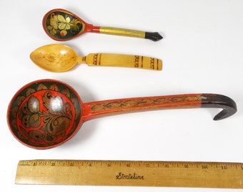 Vintage Khokhloma Painted Wood Ladles - Hand-Painted Wooden Spoons - Set of 3 Cottagecore Farmhouse European Kitchen
