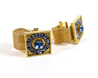 Fab Blue and Gold Mesh Cuff Links 1960s Cuff Links Vintage Cuff Links Blue Gem Cuff Links Mesh Cufflinks