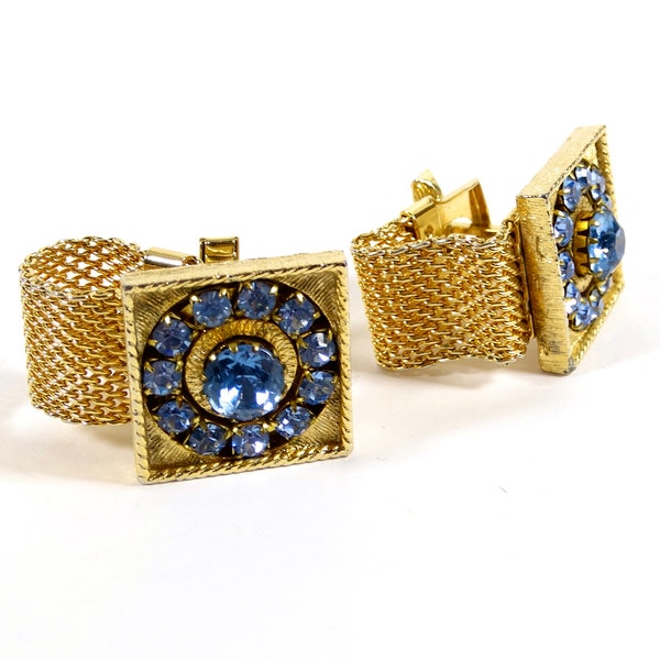 Fab Blue and Gold Mesh Cuff Links 1960s Cuff Links Vintage Cuff Links Blue Gem Cuff Links Mesh Cufflinks