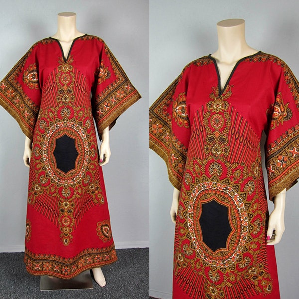 Vintage ethnische Dashiki rot Hippie Kaftan Maxi Kleid Angel Bell Kimono Ärmel "Zigeuner" böhmischen Stammes-Kleid