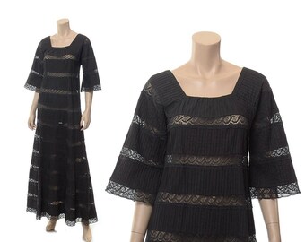 Vintage 70s Black Mexican Crochet Lace Dress 1970s Pintuck Cotton Fiesta Maxi Gown / Small