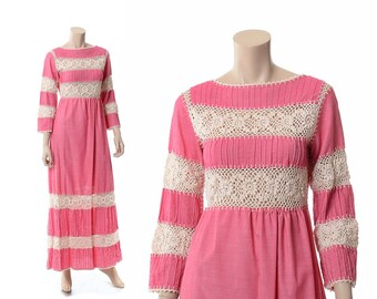 Vintage 70s Pink Crochet Lace Maxi Dress 1970s Mystical Fashions Cotton Blend Cut Out Hippie Wedding Boho Festival Dress / S