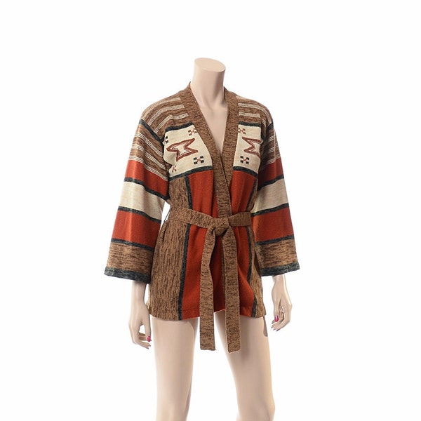 Vintage 60s 70s Southwestern Space Dye Wrap Sweater 1960s 1970s Indian Tribal Bell Sleeve Cardigan Boho Belted Hippie Jacket / L