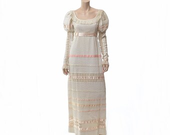 Vintage 70s Fred Leighton Mexican Wedding Dress 1970s Crochet Lace Pintuck Cotton Hippie Festival Boho Fiesta Maxi Gown / size 10