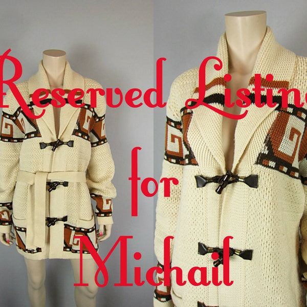 RESERVED  - Vintage 70s Cowichan Wool Cardigan Sweater Jacket size L Tundra Southwestern Indian Shawl Collar Toggle Front Belted Lebowski