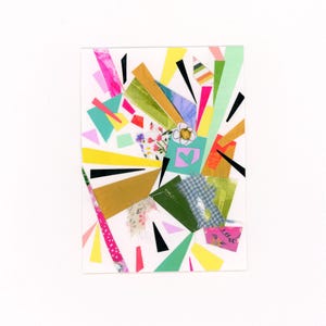 May include: Abstract collage art piece with a white background. The artwork features a vibrant mix of colors and textures, including pink, yellow, green, and gold. Geometric shapes and patterns are arranged in a dynamic composition, with a small floral element and a heart.