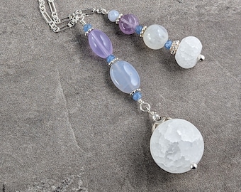 Ice Quartz Moonstone Amethyst Lavender & Blue Chalcedony Crystal Dowsing Pendulum, Natural Gemstone Sterling Silver, Spiritual Divining Tool