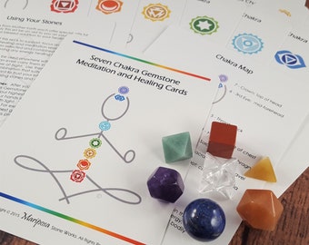 Sacred Geometry Stones, 7 Chakra Mixed Platonic Solids + Chakra Card Opt, Chakra Balancing & Meditation Tool, Gemstone Crystal Education Set