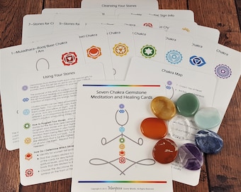 7 Chakra Palm Stone and Cards Boxed Set for Chakra Balancing & Meditation, Beginner Crystal Energy Education Kit, Worry Pocket Stone