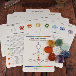 7 Chakra Palm Stone and Cards Boxed Set for Chakra Balancing & Meditation, Beginner Crystal Energy Education Kit, Worry Pocket Stone