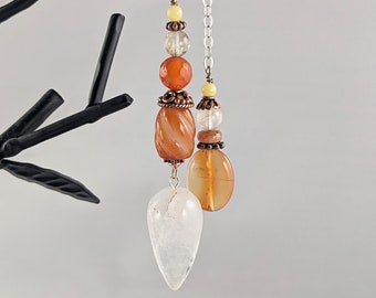 Orange Gemstone Crystal Dowsing Pendulum, Agate Sunstone Yellow Jade Rutile Quartz Copper Silver Plate, Spiritual Gift Divining Dowsing Tool