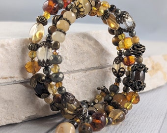 Solar Plexus Sacral Chakra Stone Wrap Bracelet, Yellow & Brown Gemstone with Antiqued Brass, Citrine, Tiger Eye, Pyrite, Jade, Jasper Quartz