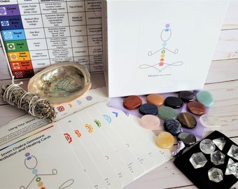 Ultimate Chakra Stone Box, Chakra Balancing Meditation Energy Kit, Crystals Gemstones, Cards, Chart & Sacred Geometry Set, Platonic Solids