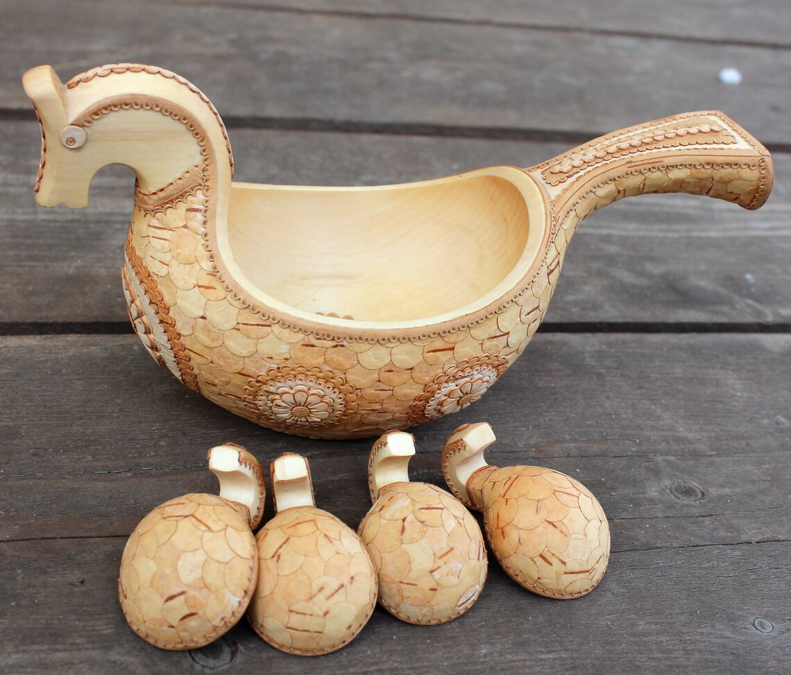 Wooden Bowl Duck Set of 5 Ladle Birch Bark Carving Box Etsy