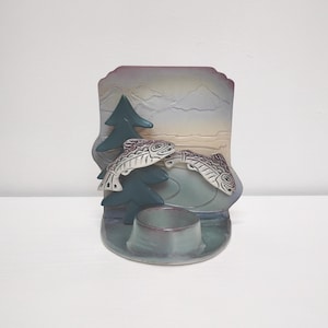 Vintage Leaping Fish Stoneware Tea Light Holder |Mountain|Trees|Salmon| Trout|Cabincore|Nature-Inspired|Northwest Art|Rustic|Pottery