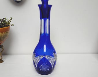 Vintage Bohemian Cobalt Blue Cut To Clear Crystal Decanter With Stopper|MCM