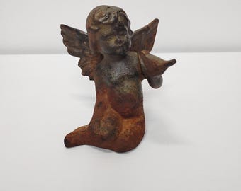 Vintage Primitive Cast Iron Cherub Holding Bird Figurine|Putto|Garden Statue