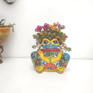 Può includere: Un vaso in ceramica a forma di rana caratterizzato da un vivace design dipinto a mano nei colori giallo, blu, rosso e verde. La rana ha occhi grandi e una bocca larga ed è riempita con un gruppo di piccole piante succulente verdi e fiori viola e arancioni.