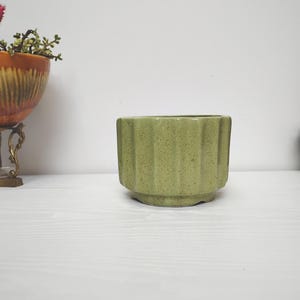 May include: A small, light green ceramic planter with vertical ribbed detailing. The speckled finish adds texture to the cylindrical shape. The planter sits on a white surface, suitable for small plants or succulents.