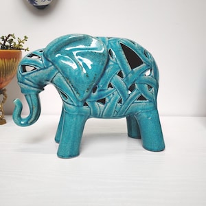 Vintage Turquoise Ceramic Elephant Figurine|Crackle Glaze Openwork Elephant Statue|Boho Shelf Decor|Good Luck Gift|Pottery Sculpture