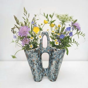Vintage Mid Century Ceramic Double Wedding Vase |Splatter Glaze |1970s Studio Art Pottery| Boho Decor| Caddy |Handle |Blue| Gray |Brown