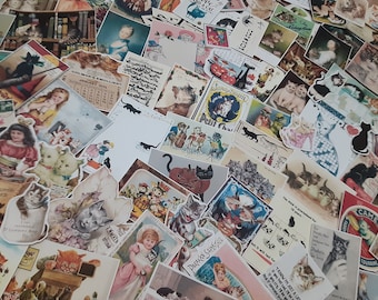 Huge 80 piece Vintage CAT cats theme Junk Journal DIE CUT Ephemera Bundle Lot- Scrapbook, Cards, Tags, kitten kitty