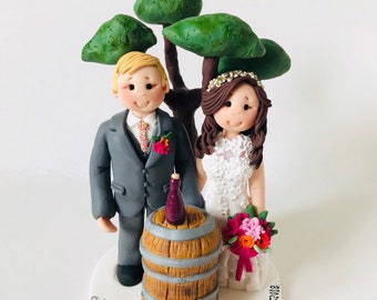 Personalised Bride Groom Cake Topper – Wine Barrel, Oak Tree, Rustic Wedding Keepsake